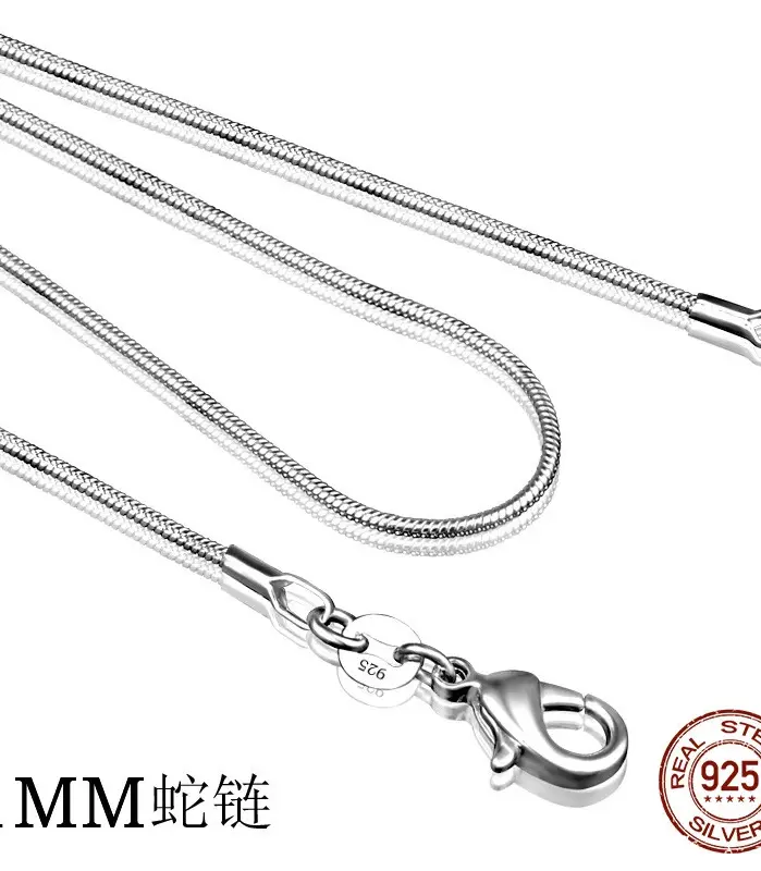 Collar de plata de ley 925 para mujer, joyería de plata de moda, cadena de serpiente, collar de 1mm, 16, 18, 20, 22 y 24 1