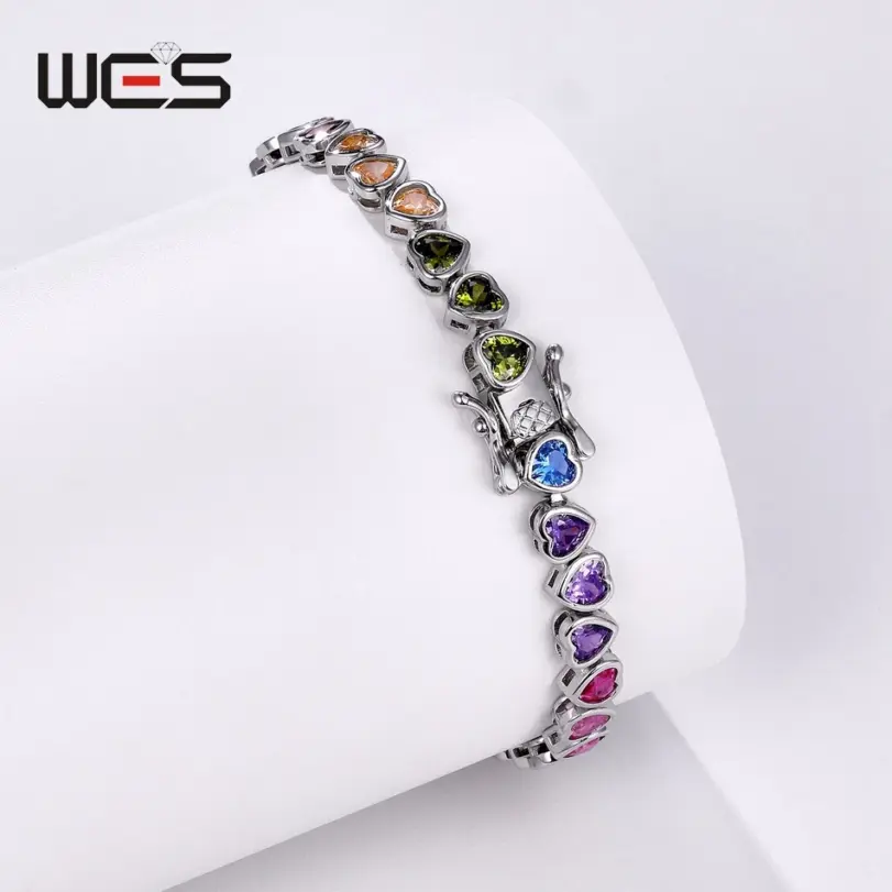 WES-pulsera de plata de ley 925 para mujer, corazón encantador, regalo del Día de San Valentín para novia, joyería de circonia cúbica de arcoíris, venta al por mayor 4