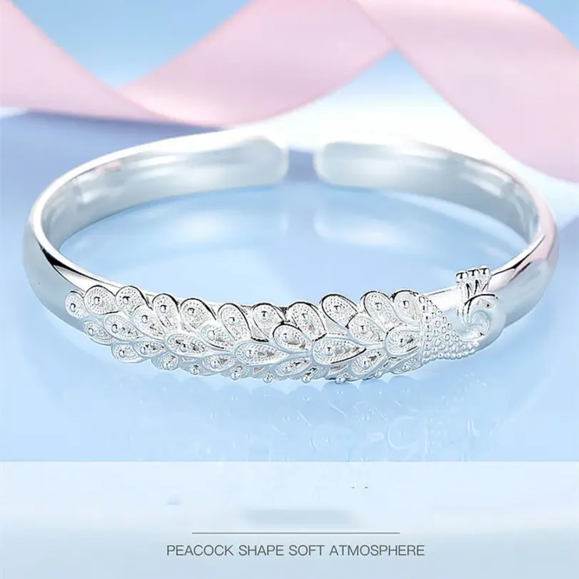 Nueva pulsera elegante de Plata de Ley 925 con apertura de pavo real, brazaletes para mujer, accesorios de moda para fiesta y boda, regalo de joyería 4