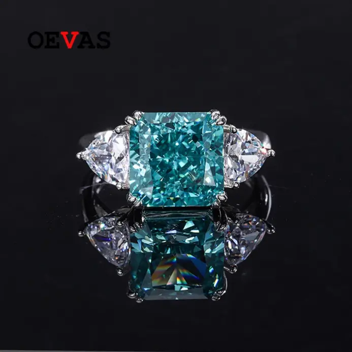 Anillos de plata de ley 100% 925 con diamantes de alto contenido de carbono, color verde menta, 10x10mm, para mujer, joyería fina brillante para fiesta de boda, regalo 1
