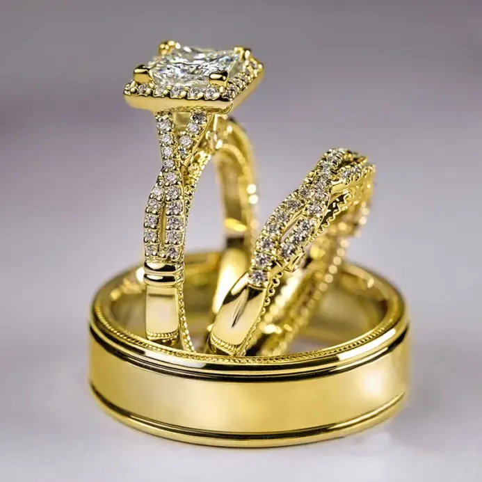 Conjunto de anillos de promesa 3 en 1 Vintage de oro de 14 quilates, anillos de compromiso con diamantes de laboratorio para mujeres y hombres, joyería de fiesta 1