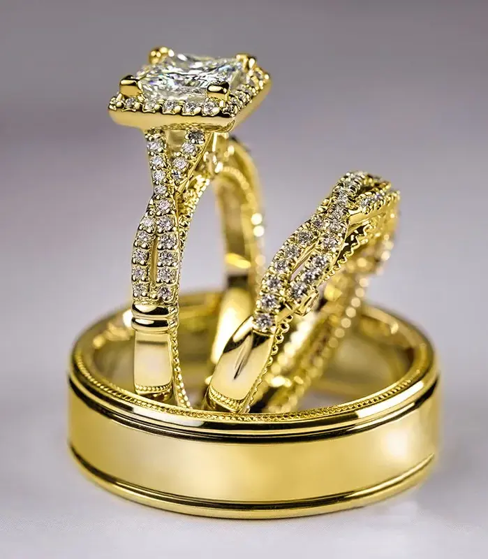 Conjunto de anillos de promesa 3 en 1 Vintage de oro de 14 quilates, anillos de compromiso con diamantes de laboratorio para mujeres y hombres, joyería de fiesta 1