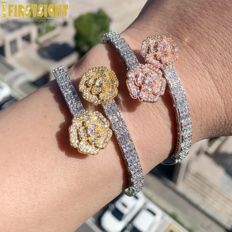 2025 nuevo Iced Out Bling abierto corazón flor encanto pulsera AAA CZ circón mariposa brazalete para hombres mujeres Hip Hop joyería de lujo 4
