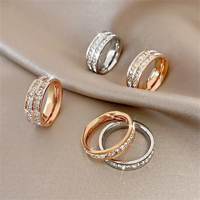 Anillo de acero inoxidable con circonita cuadrada de doble hilera de oro rosa de lujo, joyería romántica para fiesta y boda, regalo para mujer 2