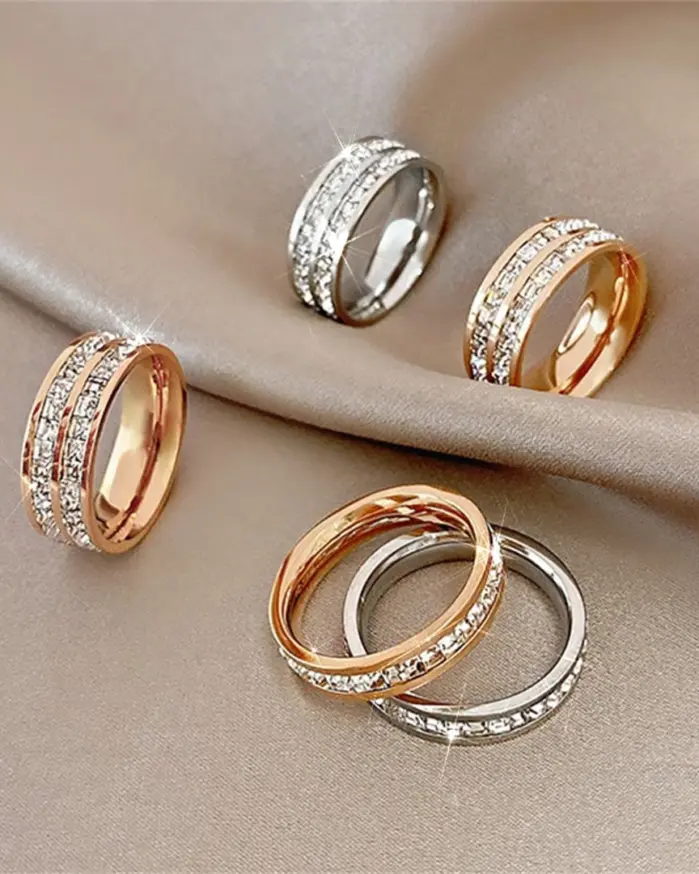Anillo de acero inoxidable con circonita cuadrada de doble hilera de oro rosa de lujo, joyería romántica para fiesta y boda, regalo para mujer 2