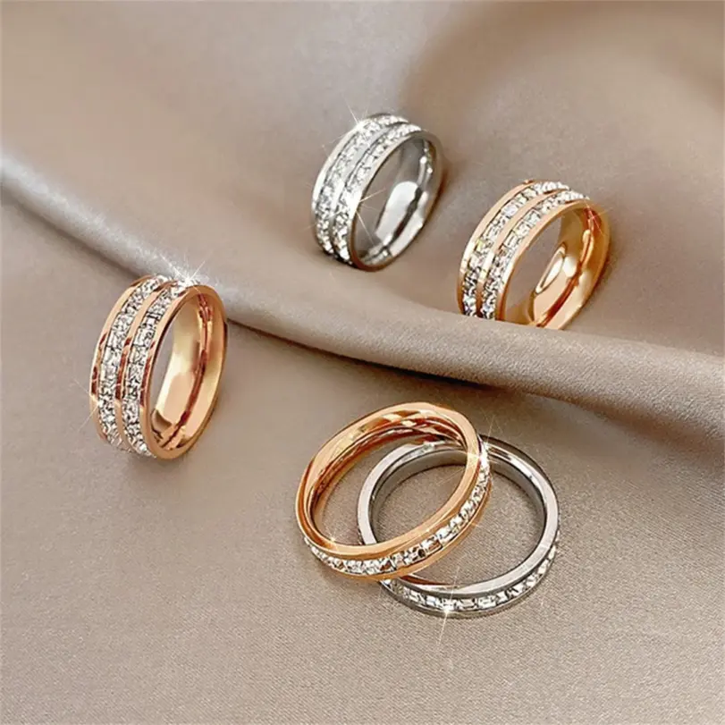 Anillo de acero inoxidable con circonita cuadrada de doble hilera de oro rosa de lujo, joyería romántica para fiesta y boda, regalo para mujer 2
