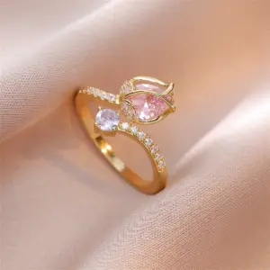 Anillos de flor de tulipán de circón rosa a la moda de lujo para mujer, anillo de dedo con apertura Floral brillante con temperamento, joyería de boda elegante 1