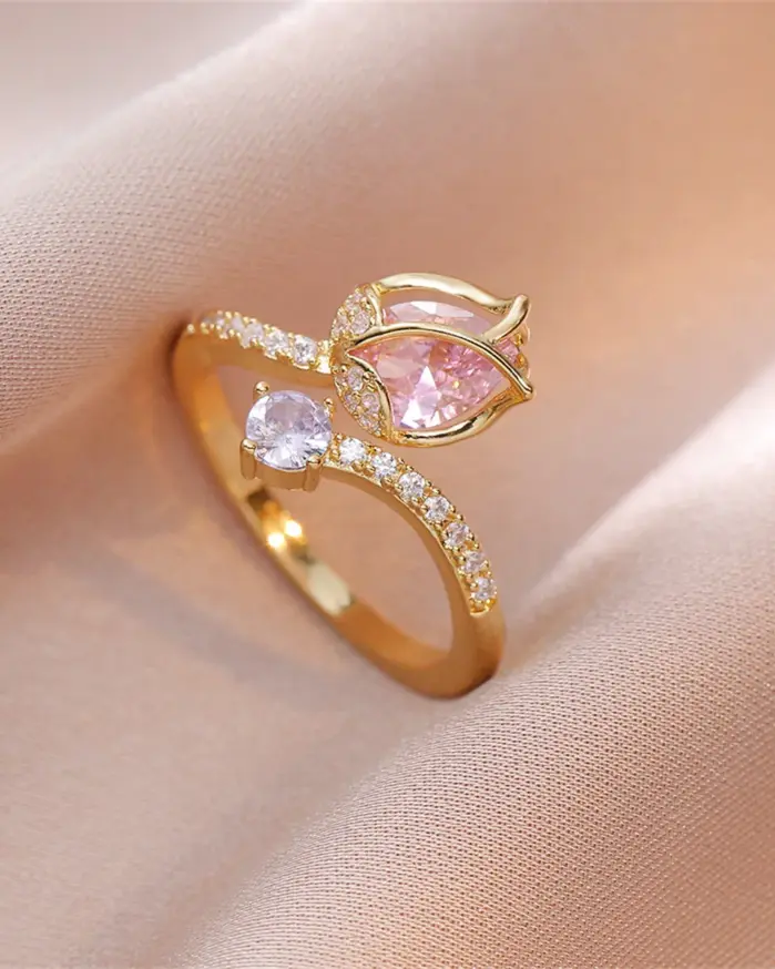 Anillos de flor de tulipán de circón rosa a la moda de lujo para mujer, anillo de dedo con apertura Floral brillante con temperamento, joyería de boda elegante 1