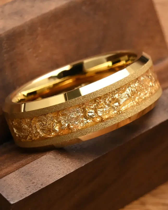 Anillos de boda para hombre de carburo de tungsteno de color dorado de 8 mm con incrustaciones de hoja de oro, ajuste cómodo, joyería de moda, anillo de compromiso, anillos de promesa 2