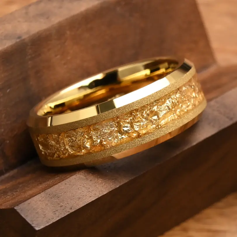 Anillos de boda para hombre de carburo de tungsteno de color dorado de 8 mm con incrustaciones de hoja de oro, ajuste cómodo, joyería de moda, anillo de compromiso, anillos de promesa 2