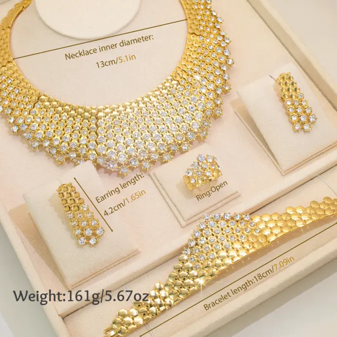 4 piezas, conjunto de joyería de circón blanco de lujo, collar, pendiente, pulsera, anillo chapado en oro, galvanoplastia, banquete de Dubái para mujer 2