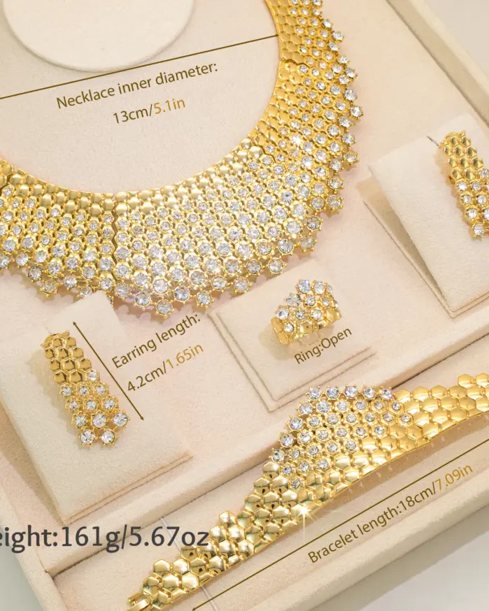 4 piezas, conjunto de joyería de circón blanco de lujo, collar, pendiente, pulsera, anillo chapado en oro, galvanoplastia, banquete de Dubái para mujer 2