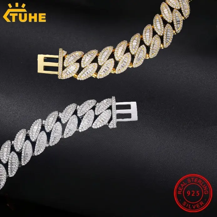 Collar de cadena cubana con baguettes de moissanita VVS1 de alta calidad, unisex, estilo hip hop, de plata 925 para hombre, joyería hip hop. 2