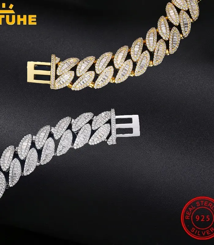 Collar de cadena cubana con baguettes de moissanita VVS1 de alta calidad, unisex, estilo hip hop, de plata 925 para hombre, joyería hip hop. 2