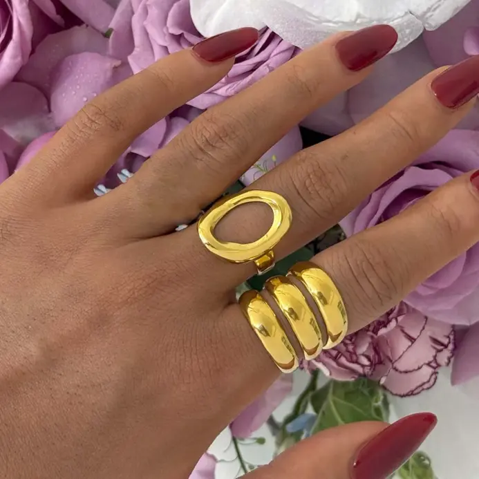 Anillos de apertura huecos circulares de acero inoxidable para mujer, anillos de Metal de borde ancho multicapa Punk, joyería de Navidad, regalo al por mayor 2