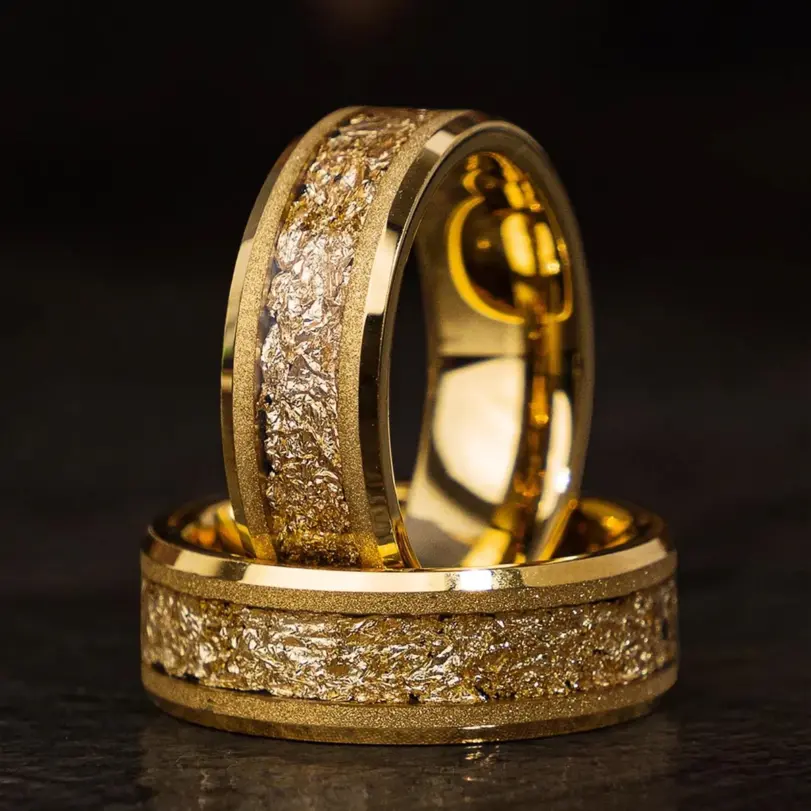 Anillos de boda para hombre de carburo de tungsteno de color dorado de 8 mm con incrustaciones de hoja de oro, ajuste cómodo, joyería de moda, anillo de compromiso, anillos de promesa 4