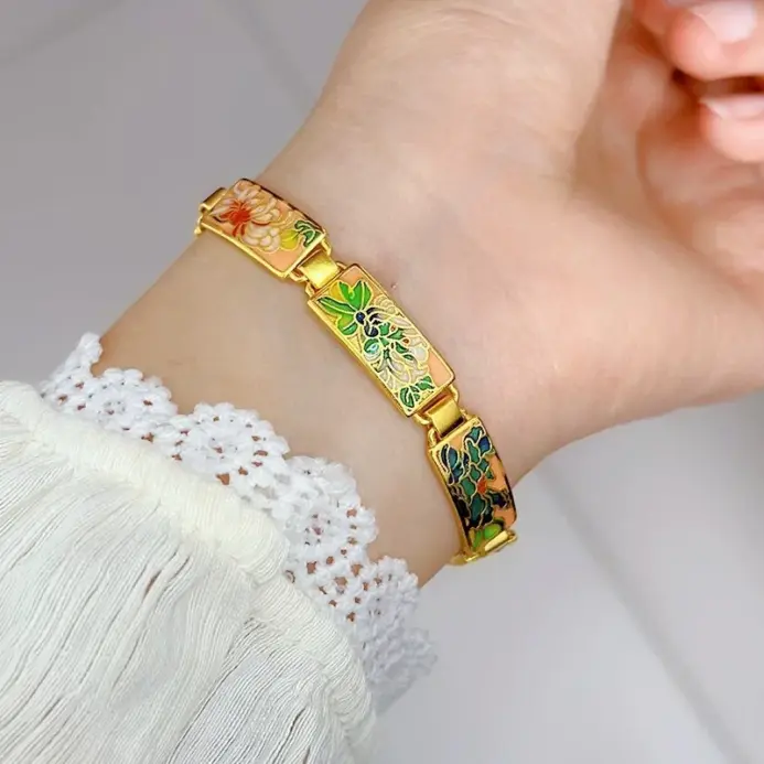 9999 24K real gold ancient enameled brand flower bracelet retro temperament national trend women's bracelet hand jewelry 1