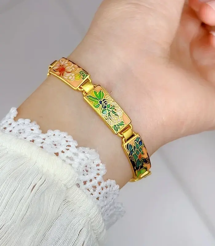 9999 24K real gold ancient enameled brand flower bracelet retro temperament national trend women's bracelet hand jewelry 1
