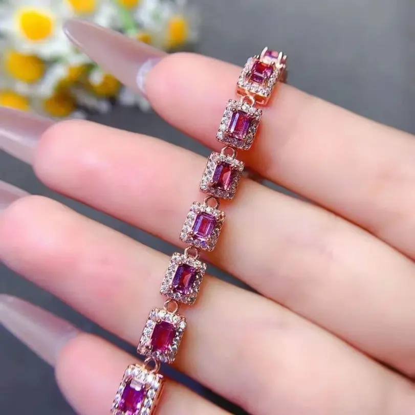 Pulsera de piedras preciosas de lujo para boda, 3mm x 4mm, granate Natural de 3 quilates, chapado en oro, joyería de plata 925 granate 3