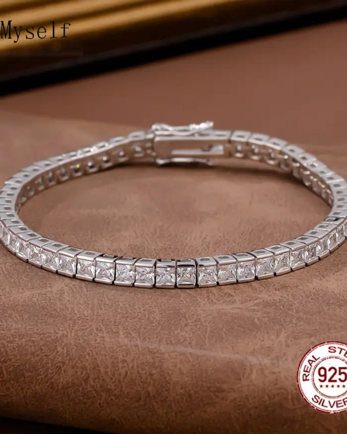 Pulsera de tenis de circón cúbico, cadena rectangular de 4mm de ancho, color blanco, verde, rojo rubí, sólido, Real 925, 3x3mm 2
