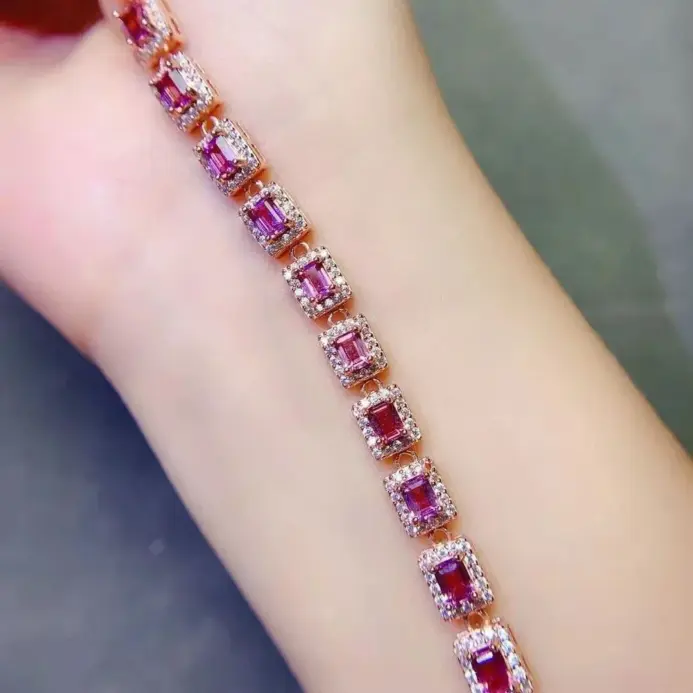 Pulsera de piedras preciosas de lujo para boda, 3mm x 4mm, granate Natural de 3 quilates, chapado en oro, joyería de plata 925 granate 2