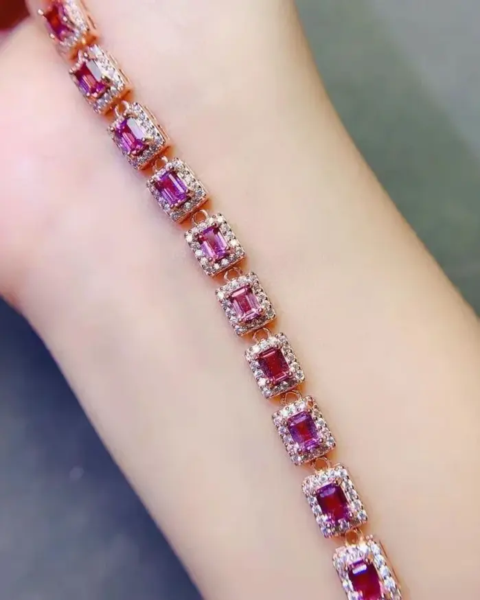 Pulsera de piedras preciosas de lujo para boda, 3mm x 4mm, granate Natural de 3 quilates, chapado en oro, joyería de plata 925 granate 2