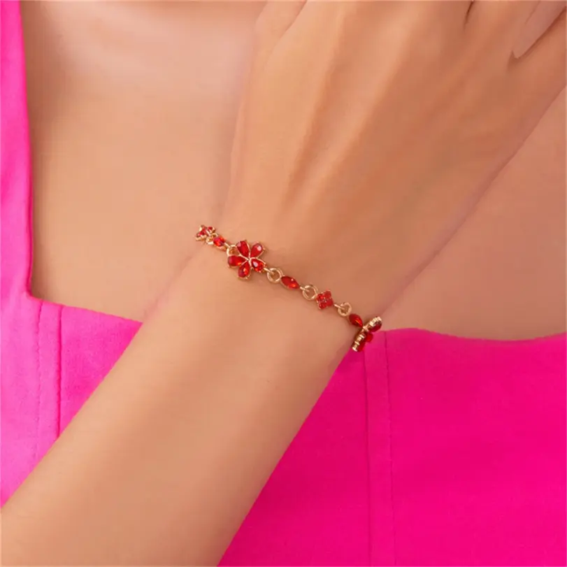 🌺 Pulsera "Jardín de Fuego" – Flores de Cristal Rojo y Oro de 18Kde boda de lujo 3