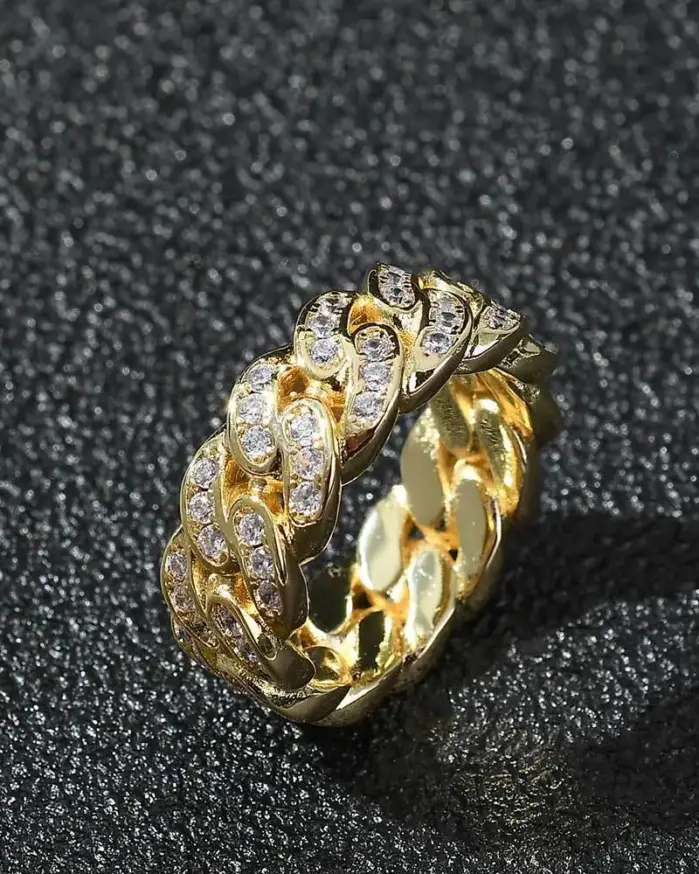 Anillo de cadena cubana de moissanita de una sola fila de 8 mm de ancho para hombre, de oro puro 24K 9999 de lujo. 1
