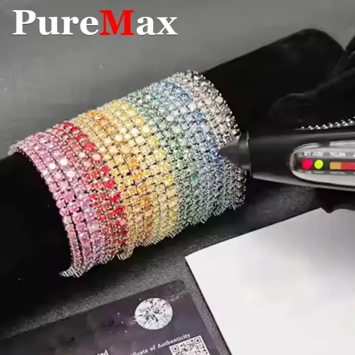 Cadena de tenis de moissanita azul y rosa de lujo de 3MM para mujer, pulsera de plata de ley 925 para hombre, cadena de moissanita de Hip hop con GRA 1
