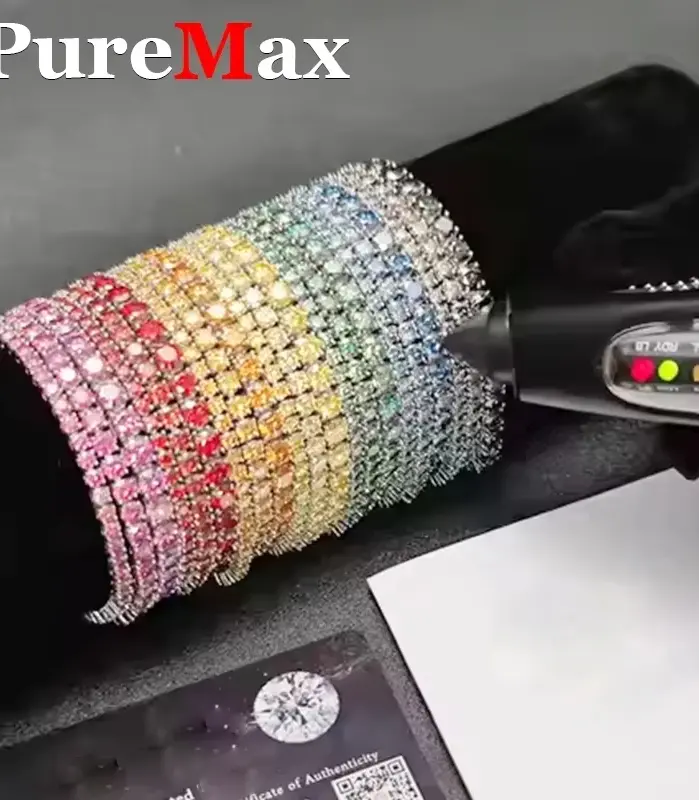 Cadena de tenis de moissanita azul y rosa de lujo de 3MM para mujer, pulsera de plata de ley 925 para hombre, cadena de moissanita de Hip hop con GRA 1