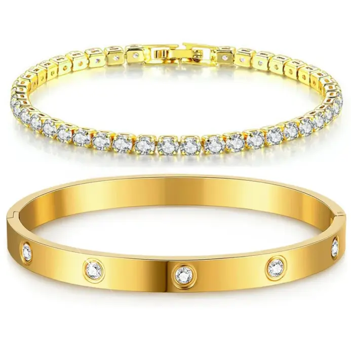 Pulseras de oro apilables para mujeres y niñas, pulsera de tenis de circonia cúbica chapada en oro de 14 quilates, regalos de joyería de acero inoxidable 1