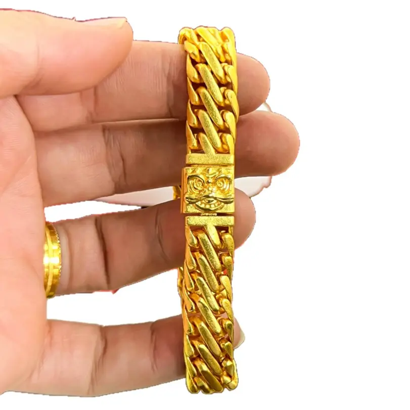 Pulsera de lujo para hombre de oro puro 24K 9999, diseño antiguo con látigo de león y tres látigos de caballo, pulsera cubana estilo jefe. 5