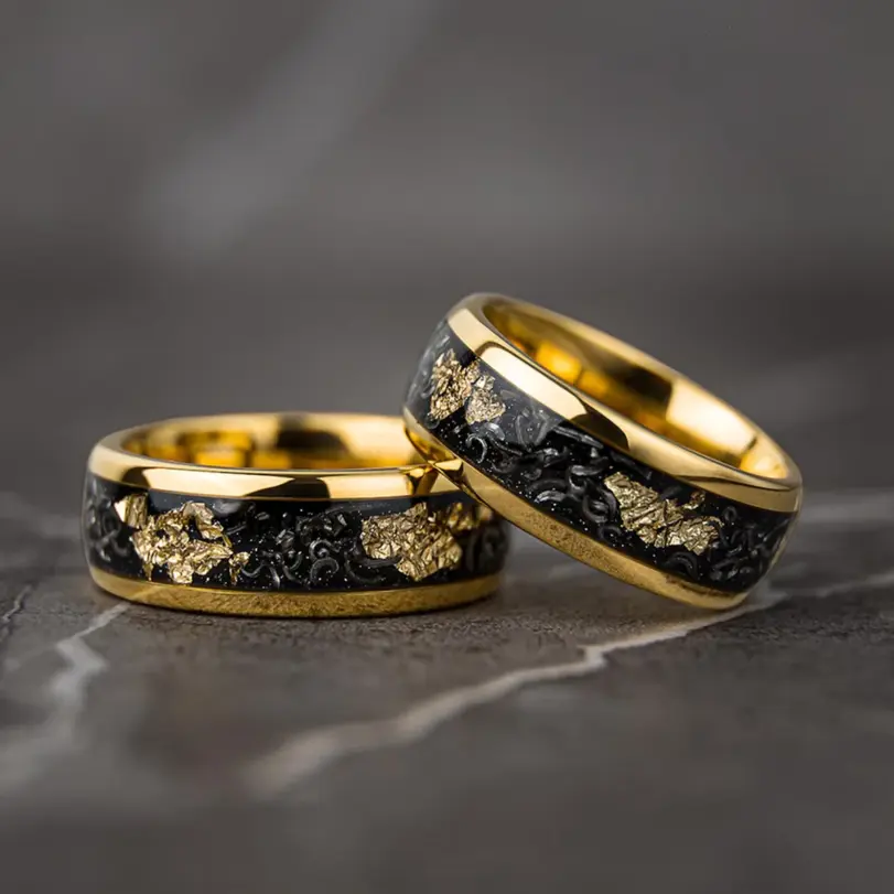 Anillo de tungsteno con meteorito de 8 mm para hombre, joyería de moda, anillos de boda para hombre, anillos de compromiso con incrustaciones de hoja de oro, regalos finos, ajuste cómodo. 4