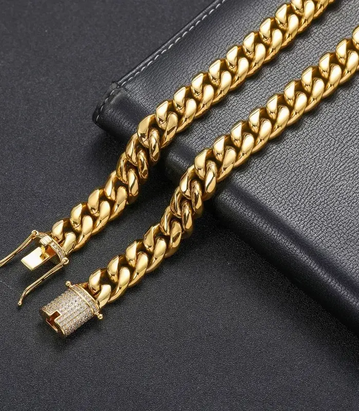 Cadena cubana duradera premium chapada en oro de 18 quilates de 14 mm y 5 capas 2