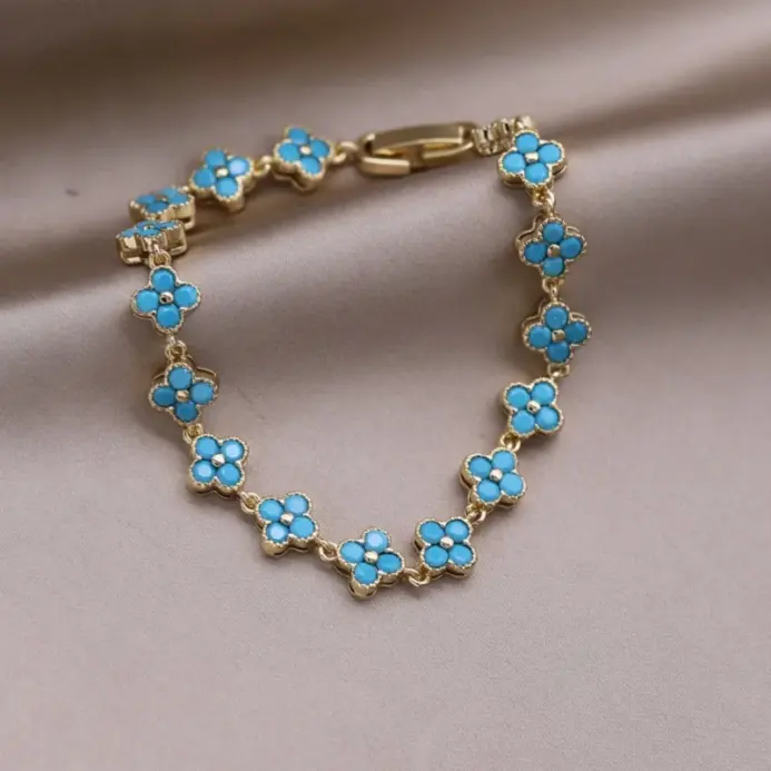 Joyería de moda de nuevo diseño coreano, pulsera de flores de circón azul de lujo chapada en oro de 14K, accesorios de trabajo diario elegantes para mujer 1