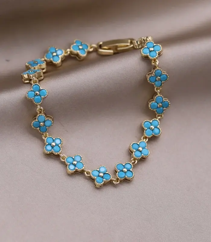 Joyería de moda de nuevo diseño coreano, pulsera de flores de circón azul de lujo chapada en oro de 14K, accesorios de trabajo diario elegantes para mujer 1