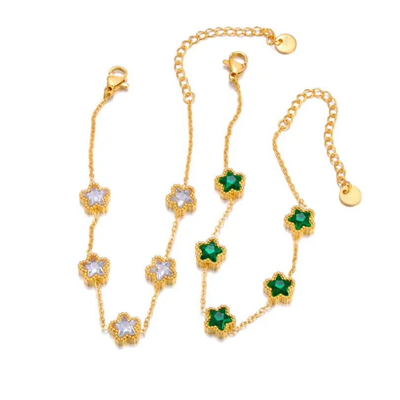 pulsera de estrella de acero inoxidable para mujer, brazalete de lujo de circonia cúbica verde y blanca, resistente al agua, cadena Premium, joyería B24003 3