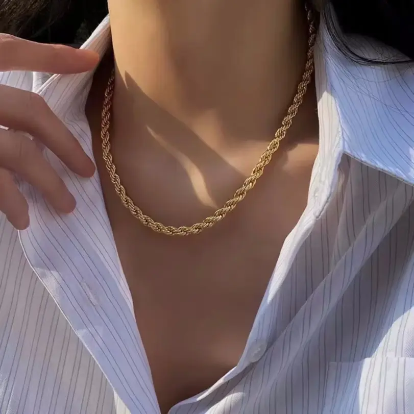 Collar de cadena de cuerda de 4mm de oro de 18K Noble, 45-60cm, venta al por mayor de plata 925 para mujer y hombre, joyería de regalo con abalorio de boda a la moda de 18-24 pulgadas 3