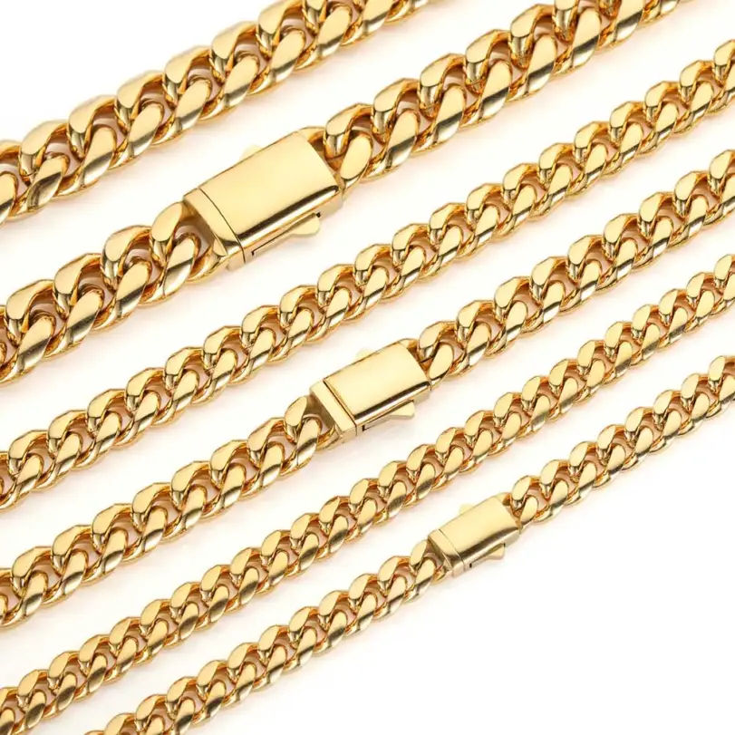 Alta calidad, ancho 8-14mm, cadena cubana de acero inoxidable de Color dorado, resistente al agua, collar de eslabones acolchados para hombres y mujeres, varios tamaños 5