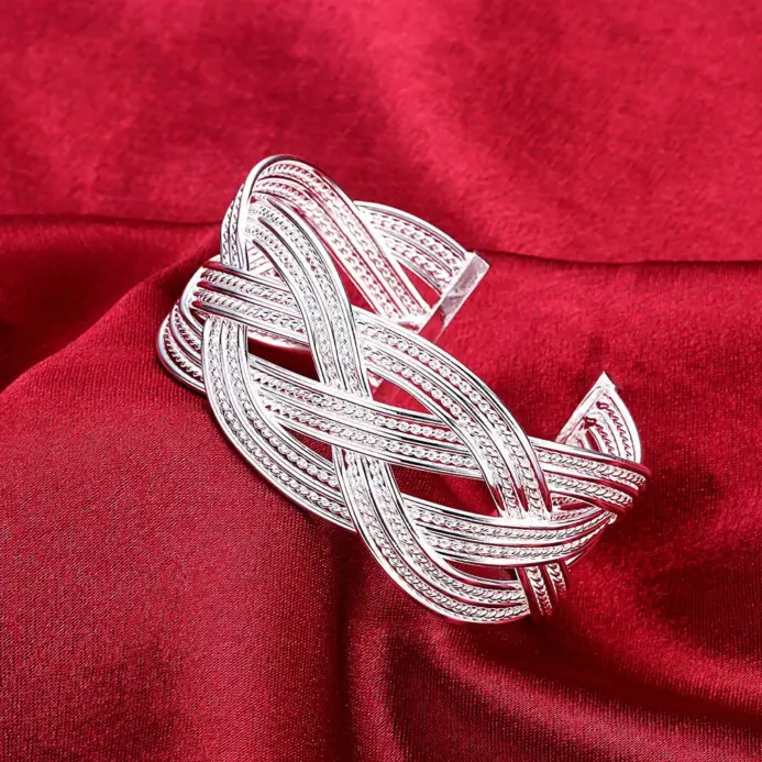 Pulseras de plata de ley 925 para mujer, brazalete de alambre trenzado elegante, regalo de boda, fiesta de Navidad, joyería de estudiante para niña 1