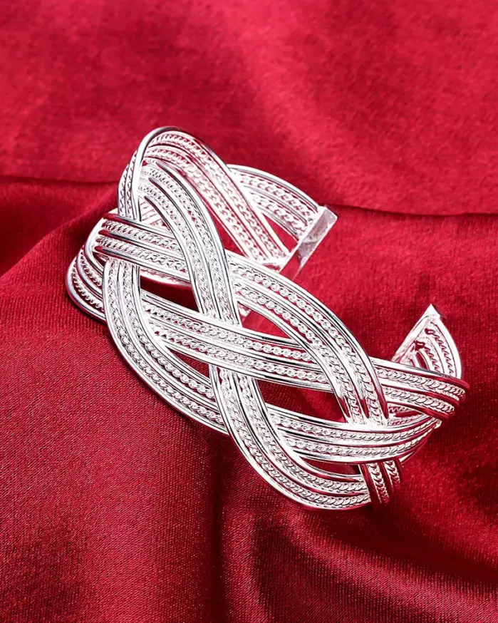 Pulseras de plata de ley 925 para mujer, brazalete de alambre trenzado elegante, regalo de boda, fiesta de Navidad, joyería de estudiante para niña 1