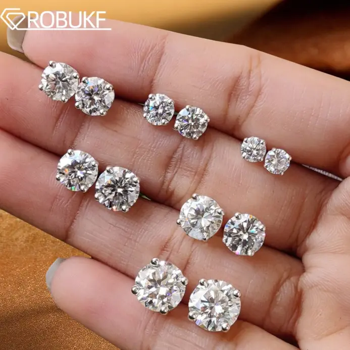 Pendientes de Moissanita de 0.1-5ct para Mujer y Hombre, Redondos, Color D, Diamante, Plata de Ley 925, Chapados en Oro de 18K, con Certificado 1