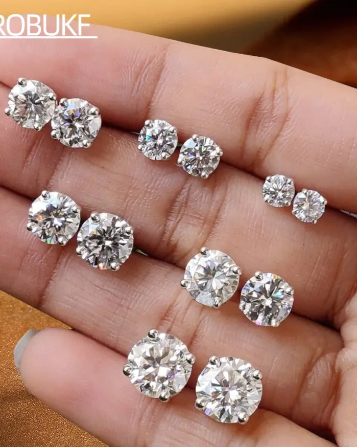 Pendientes de Moissanita de 0.1-5ct para Mujer y Hombre, Redondos, Color D, Diamante, Plata de Ley 925, Chapados en Oro de 18K, con Certificado 1