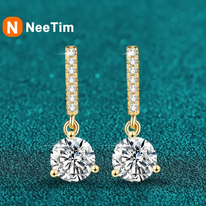NeeTim-pendientes colgantes de moissanita de 1 quilate, plata de ley S925 con pendiente de boda chapado en oro, joyería de diseño brillante con diamantes de laboratorio 1