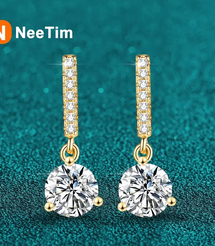 NeeTim-pendientes colgantes de moissanita de 1 quilate, plata de ley S925 con pendiente de boda chapado en oro, joyería de diseño brillante con diamantes de laboratorio 1