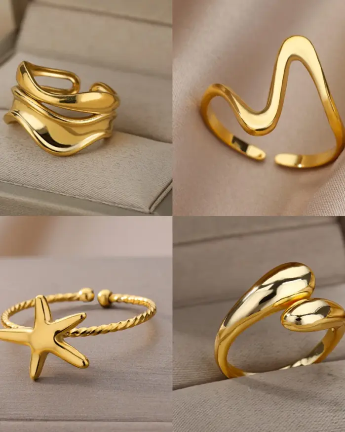 Anillos de acero inoxidable para mujer, anillo abierto resistente al agua de Color dorado, banda para pareja de bodas, regalos de joyería, artículos de envío gratis, anillos 1