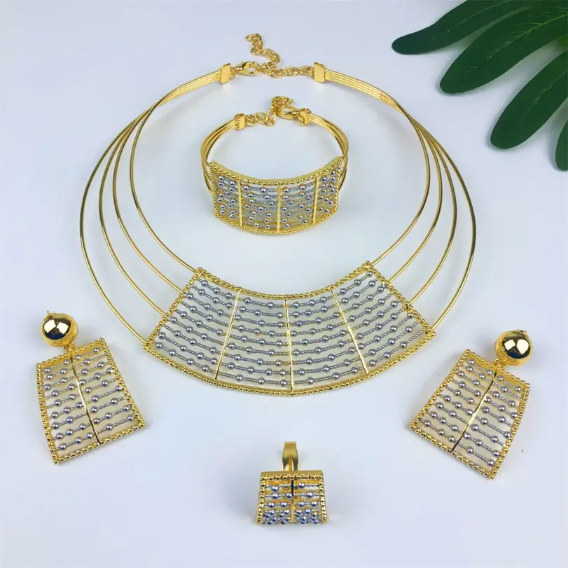 Collar geométrico de dos tonos, conjunto de joyería de 4 Uds para mujer, Collar grueso, pendientes colgantes, pulsera, anillo, regalos de fiesta de boda nupcial 6