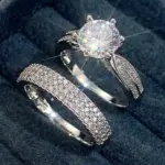Accesorios elegantes, conjunto de anillos de boda de circón, conjunto plateado de 2 piezas, anillo de diamante Natural, anillos de compromiso brillantes para pareja y niña 1