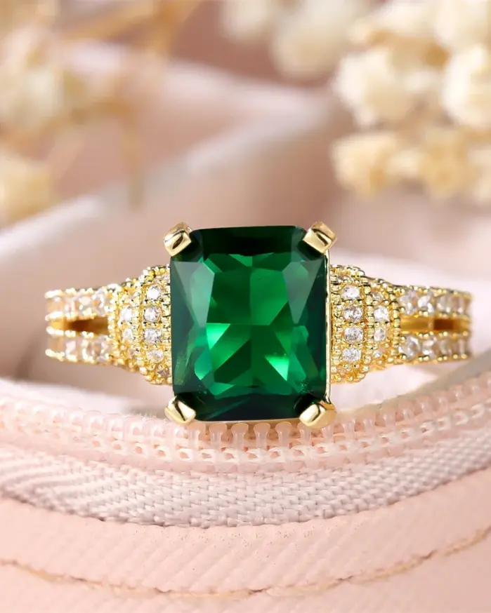 Anillos de compromiso de piedra cuadrada de cristal verde para mujer, joyería de boda de Color oro amarillo, piedra natal de mayo, regalos para el día de la madre 2