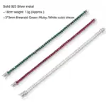 Pulsera de tenis de circón cúbico, cadena rectangular de 4mm de ancho, color blanco, verde, rojo rubí, sólido, Real 925, 3x3mm 3